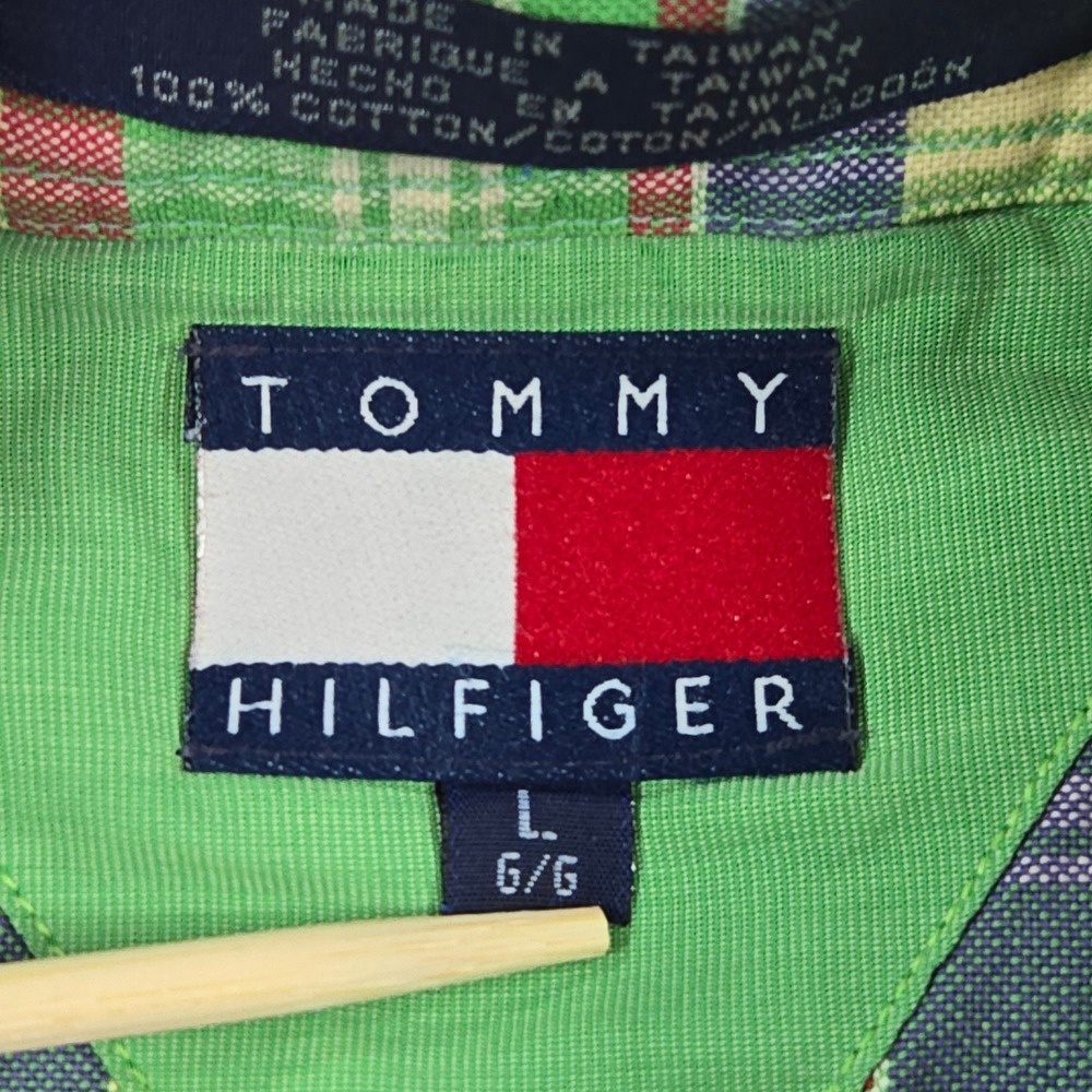 Vintage Tommy Hilfiger Shirt Mens L Green Red Blue Plaid Crest Logo Preppy Y2K - Picture 6 of 9